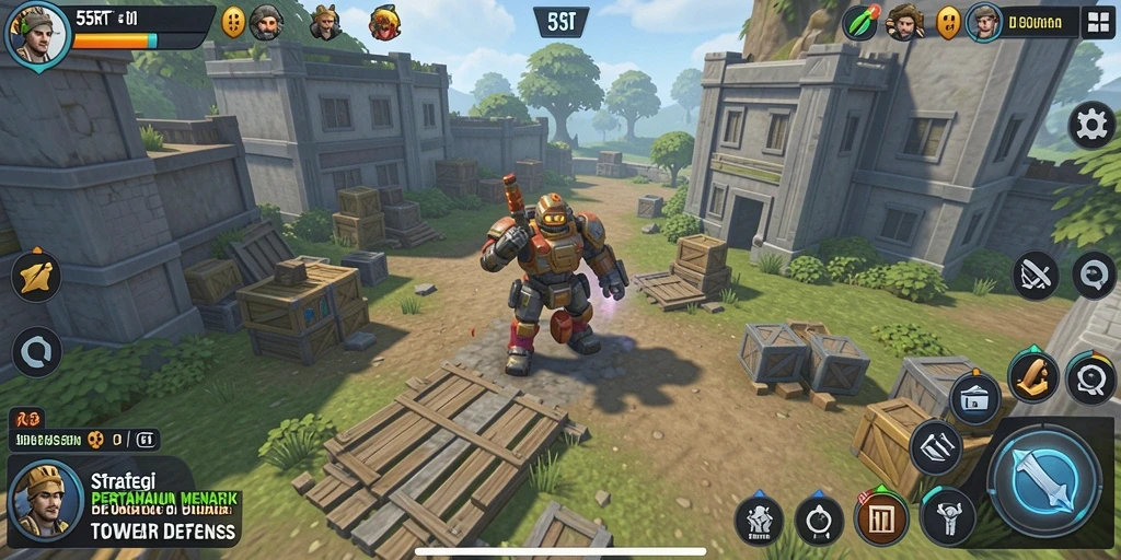 Tangkapan layar menunjukkan aksi intens di gameplay Tower Defense 55RT.