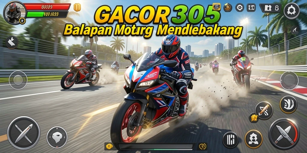 Screenshot GACOR305 menampilkan aksi balapan motor yang intens.