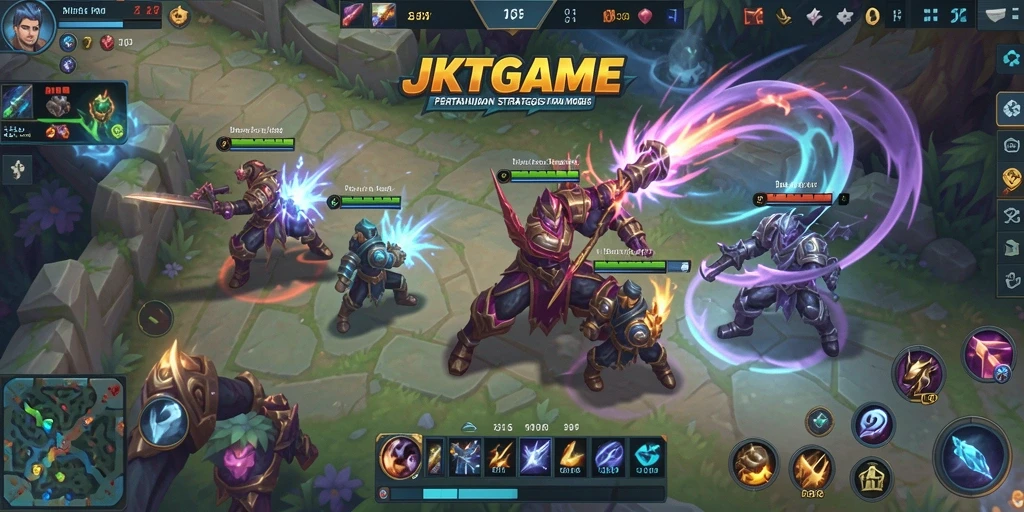 Tampilan dinamis pertarungan tim dalam JKTGAME MOBA.