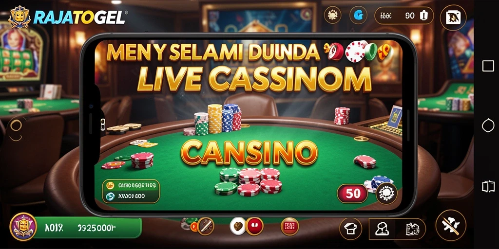 Screenshot menunjukkan dealer langsung dengan latar belakang kasino yang menakjubkan.