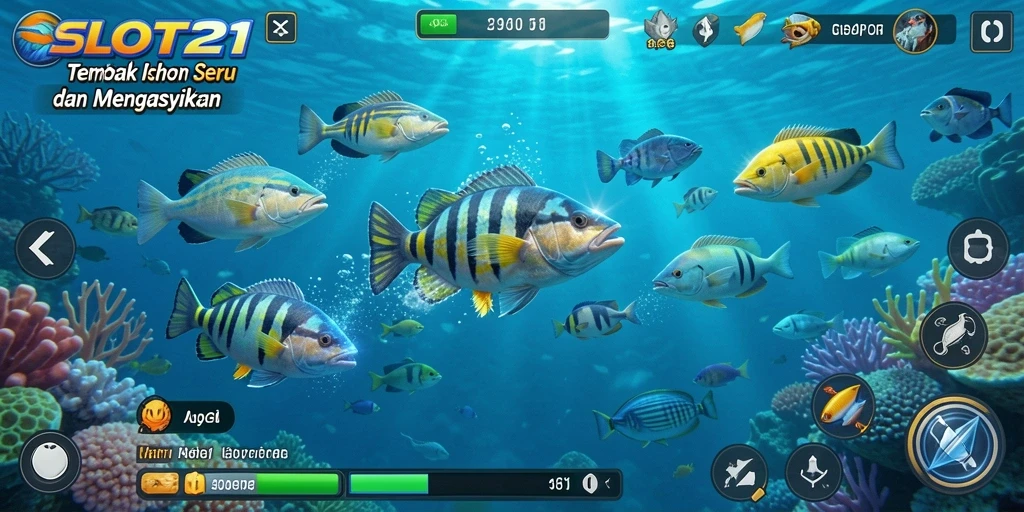 Tampilan gameplay SLOT21 yang menampilkan berbagai ikan yang menarik.