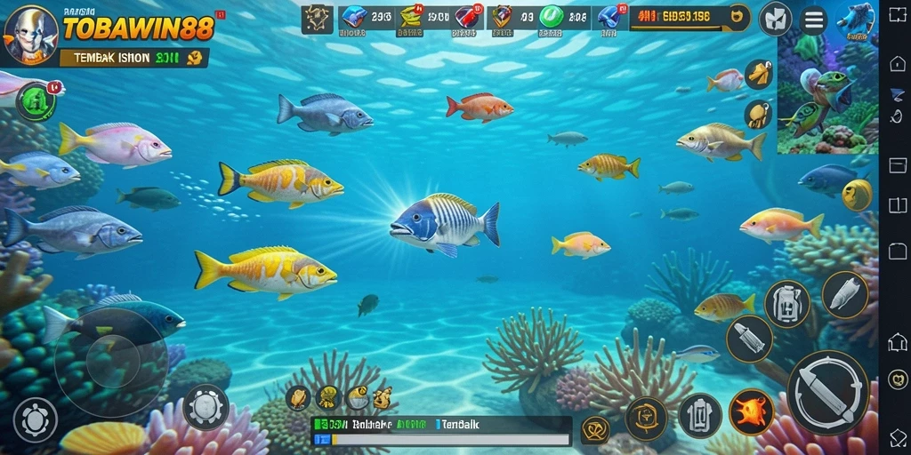Screenshot TOBAWIN88 menampilkan aksi menangkap ikan yang seru.